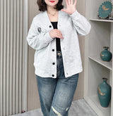 Vintage V-neck Hoodie Cardigan Women Coat Spring/Autumn Plus Size Loose Long Sleeve Baseball Jacket 931