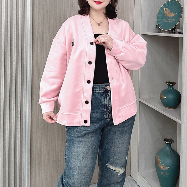 Vintage V-neck Hoodie Cardigan Women Coat Spring/Autumn Plus Size Loose Long Sleeve Baseball Jacket 931