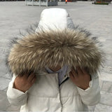 Real Fur Collar for Coat Parkas Women Winter Natural Raccoon Fur Scarf for Jacket Warm Luxury Furry Hood Trim with Buttons