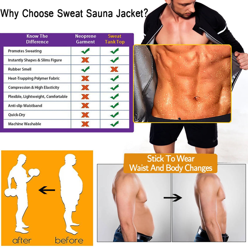 SEXYWG Men Sauna Sweat Jacket Hot Sweat Weight Loss Top Fitness Sportwear Slimming Body Shaper Workout Fat Buning Long Sleeves