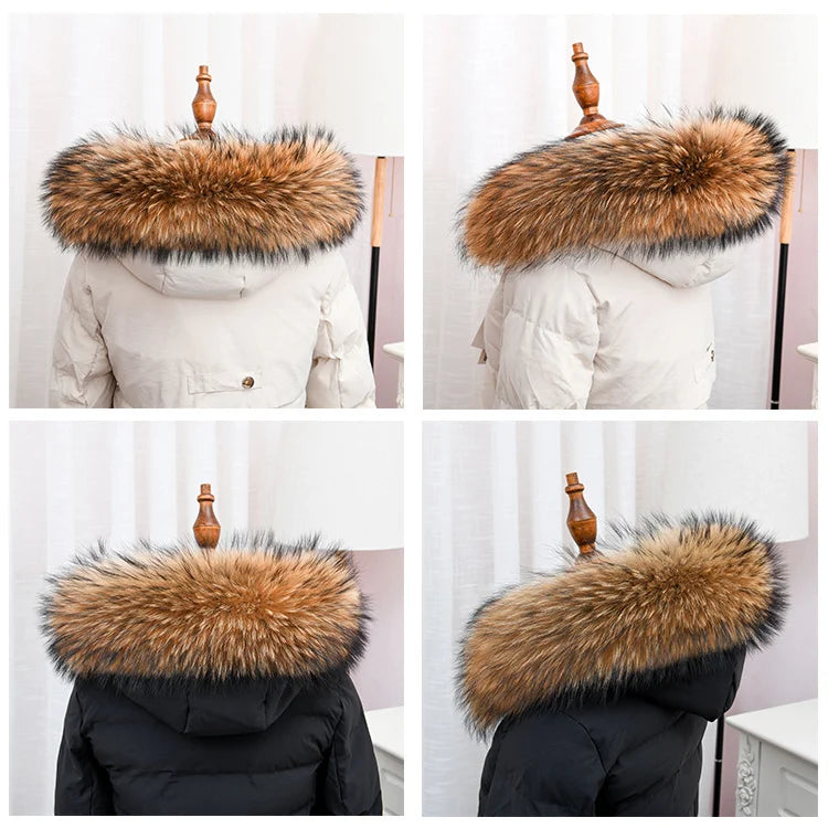 Real Fur Collar for Coat Parkas Women Winter Natural Raccoon Fur Scarf for Jacket Warm Luxury Furry Hood Trim with Buttons