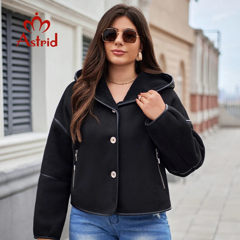 Astrid Autumn Women's Jacket Double-Faced Fur Spliced Design Hooded Warm Coats Lady Demi-Season Parkas Plus Size Outwears 30200