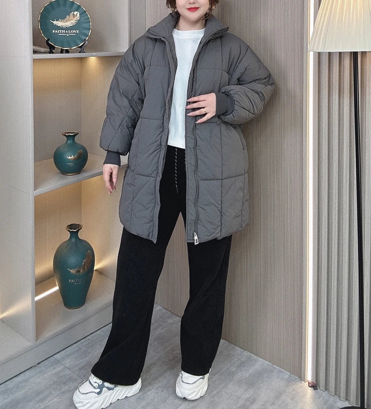 Plus Size Women Parka Winter New Loose Stand Collar Thickened Medium Long Down Cotton Jacket 8547