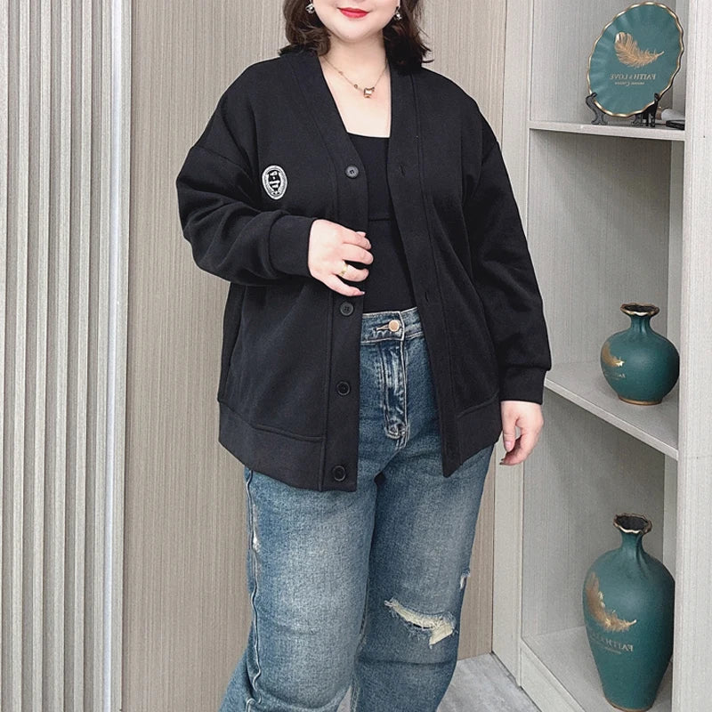 Vintage V-neck Hoodie Cardigan Women Coat Spring/Autumn Plus Size Loose Long Sleeve Baseball Jacket 931