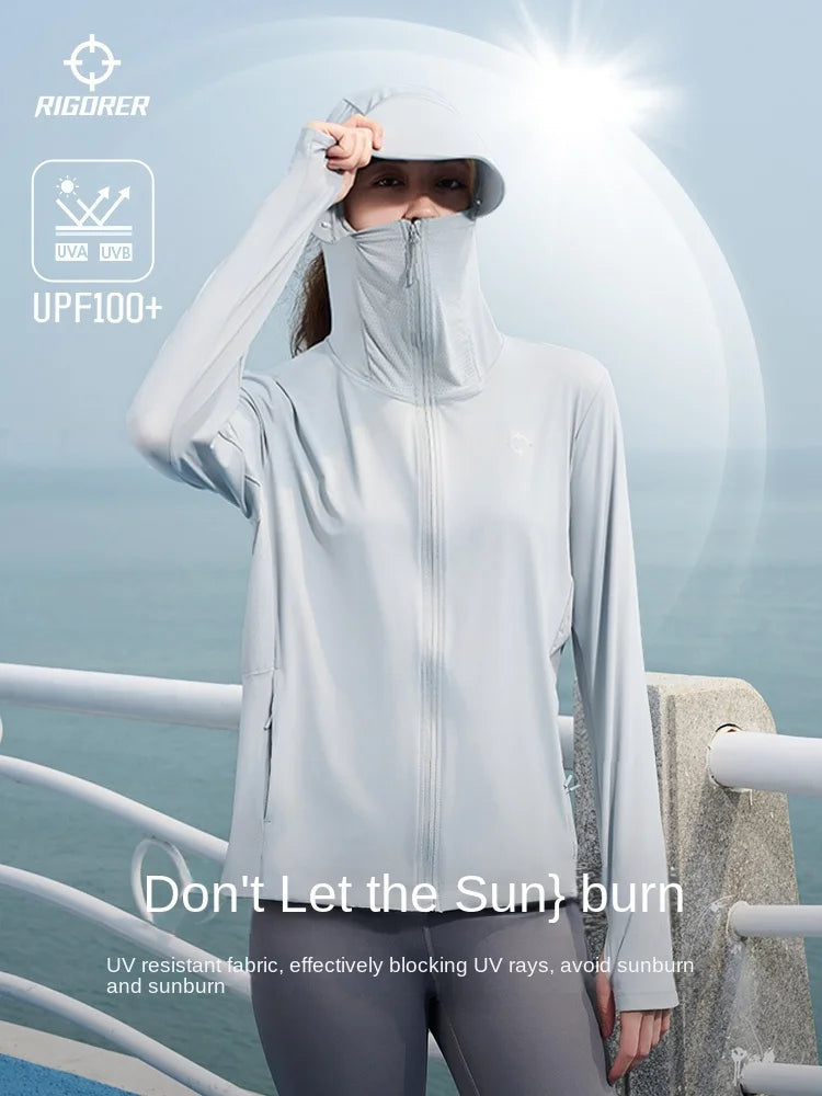 RIGORER Sunscreen Clothing Women's Summer Ice Silk Skin Clothing Breathable Uv Protection Hooded Sunscreen Clothing Jacket