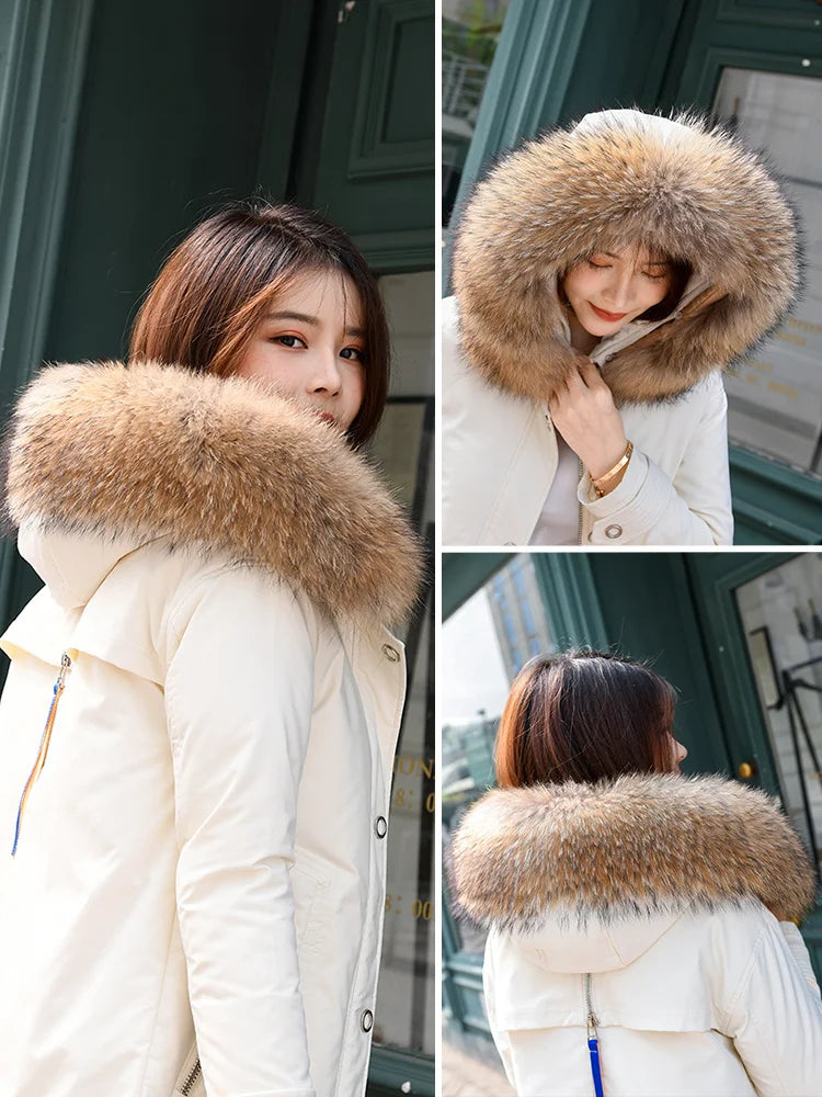 Real Fur Collar for Coat Parkas Women Winter Natural Raccoon Fur Scarf for Jacket Warm Luxury Furry Hood Trim with Buttons