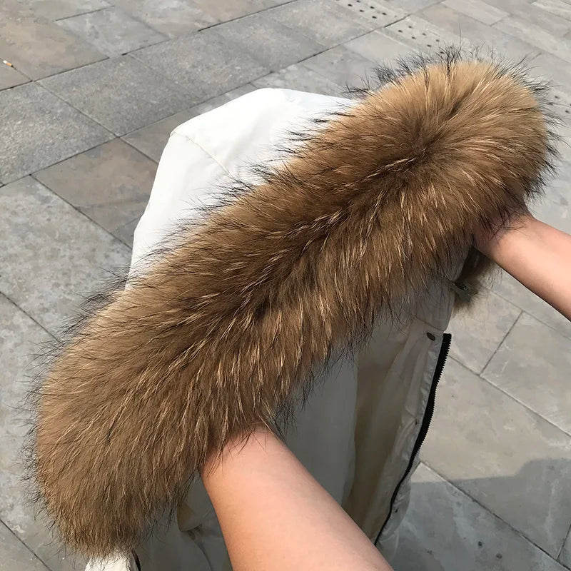 Real Fur Collar for Coat Parkas Women Winter Natural Raccoon Fur Scarf for Jacket Warm Luxury Furry Hood Trim with Buttons