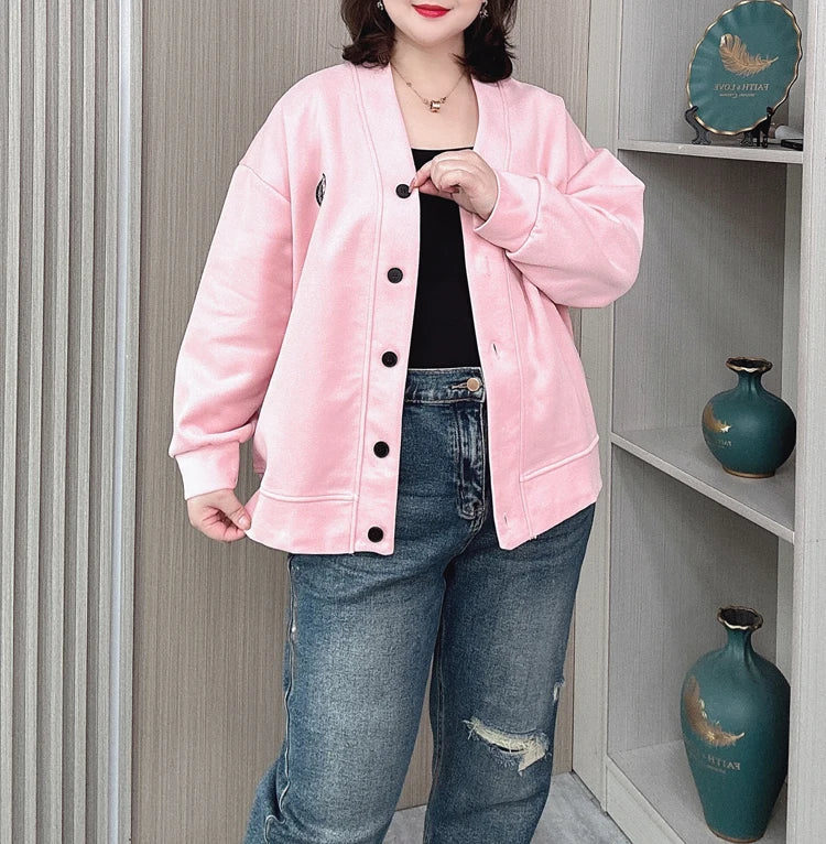 Vintage V-neck Hoodie Cardigan Women Coat Spring/Autumn Plus Size Loose Long Sleeve Baseball Jacket 931