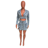 Sexy Denim Jean 2 Piece Skirt Sets Winter Outfits Y2K Streetwear Crop Tops Denim Fashion Jackets Coats Two Piece Skirt Set