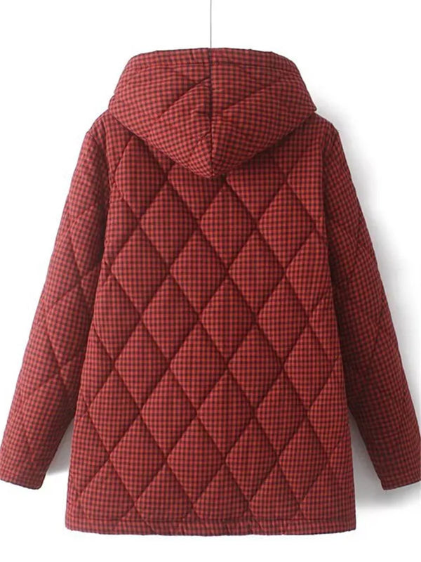 Plus Size Women's Clothing Winter Coat Thick Warm Cotton Jacket With Small Plaid Pattern Single Breasted Hooded Cotton Coat