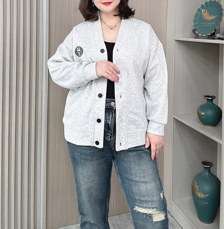 Vintage V-neck Hoodie Cardigan Women Coat Spring/Autumn Plus Size Loose Long Sleeve Baseball Jacket 931