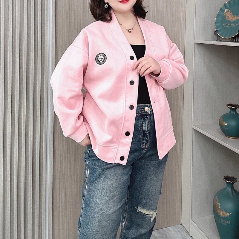 Vintage V-neck Hoodie Cardigan Women Coat Spring/Autumn Plus Size Loose Long Sleeve Baseball Jacket 931