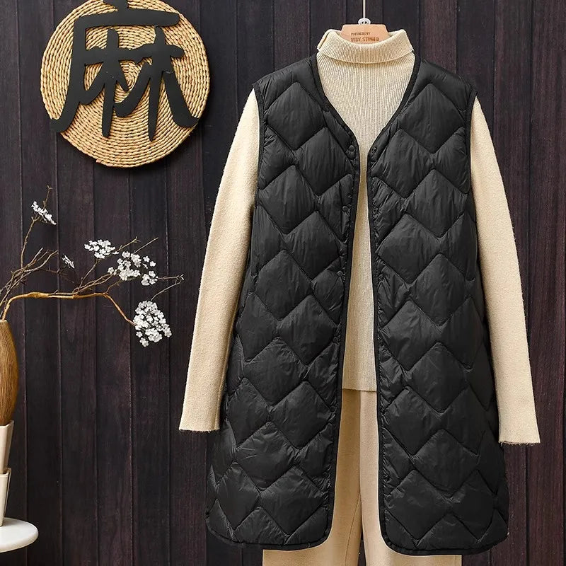 Plus Size Female Korean V-neck Casual Ultra Light Vest Coat Autumn Winter Women X-Long White Duck Down Warm Sleeveless Jackets