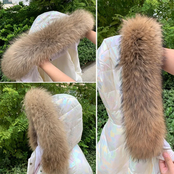 Real Fur Collar for Coat Parkas Women Winter Natural Raccoon Fur Scarf for Jacket Warm Luxury Furry Hood Trim with Buttons