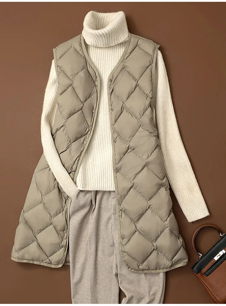 Plus Size Female Korean V-neck Casual Ultra Light Vest Coat Autumn Winter Women X-Long White Duck Down Warm Sleeveless Jackets