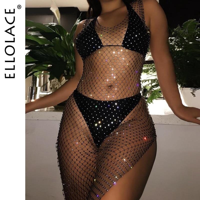 Bikini Cover Up Crystal Diamond Sexy Bodycon Dress For Women.