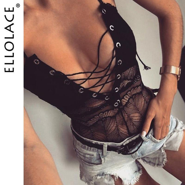 Bodysuit Women Sexy Lace Up Overalls With Transparent Deep V.