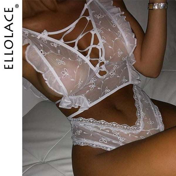 Lace Ruffle Bodysuit Sexy Hollow Out Waist.