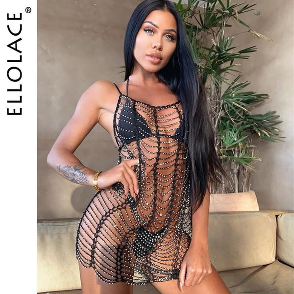 Sexy Hollow Out Mini Dress Summer Crochet, Bathing Suit, Bikini Swimwear.