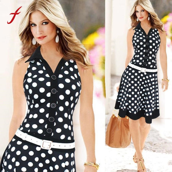 Women Polyester Dot Sleeveless Button Summer Regular Dress