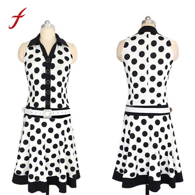 Women Polyester Dot Sleeveless Button Summer Regular Dress