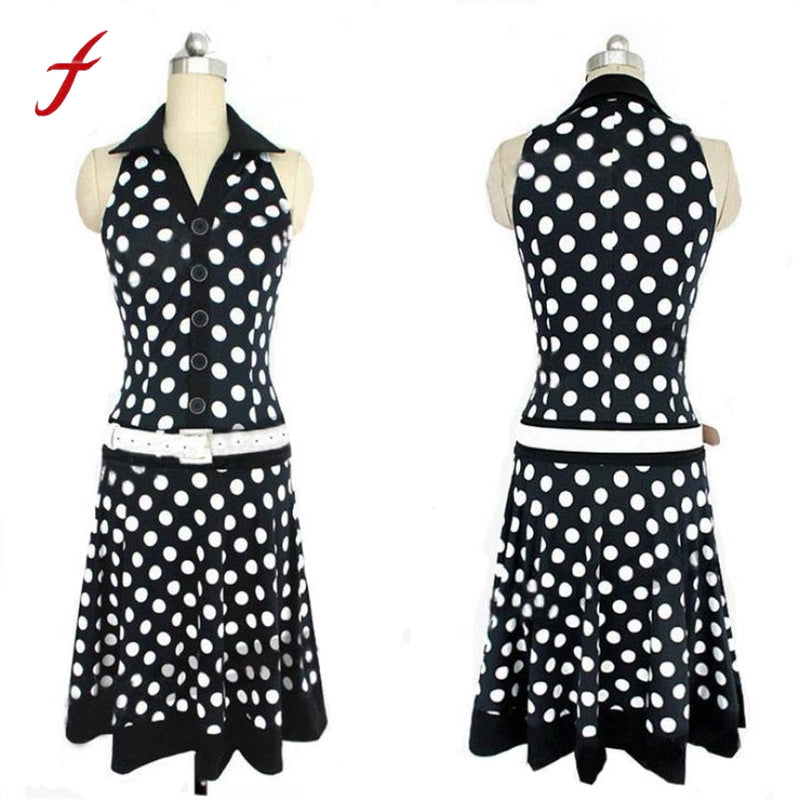 Women Polyester Dot Sleeveless Button Summer Regular Dress