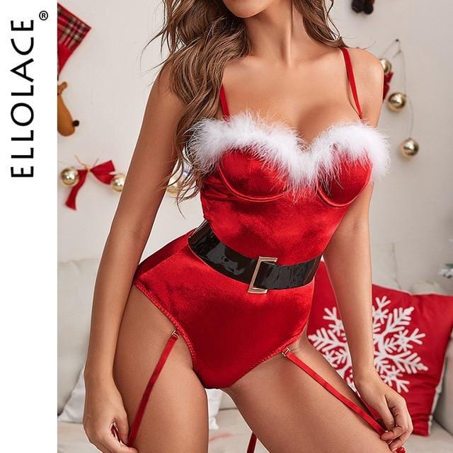 Christmas Bodysuit Women Feather Overalls With Belt Velvet Sleeveless.